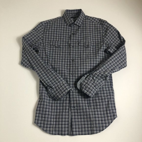 Banana Republic Long Sleeve Mens‎ Small Slim Fit Plaid Shirt Gray Blue I42 - Picture 1 of 5